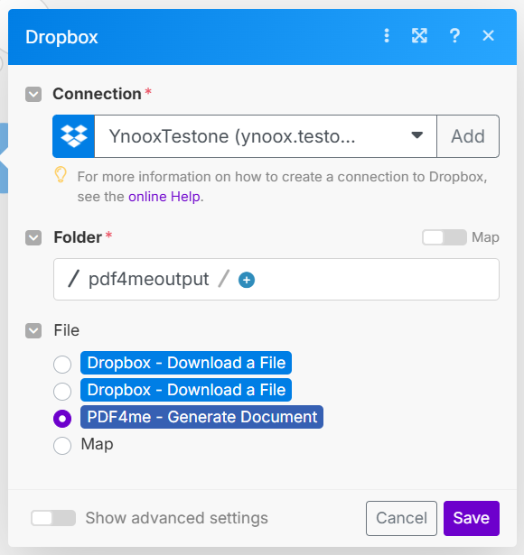 Módulo Dropbox para fazer upload de arquivos com configuração de pasta de destino e nome do arquivo.